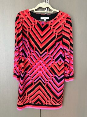 Trina Turk Black, Coral & Fuchsia Geometric Shift Dress